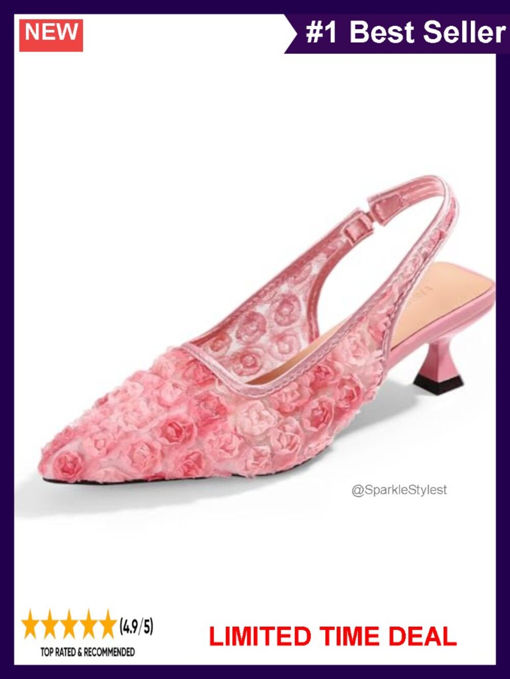 Lace Kitten Heels Slingback Pointed Toe Floral Mesh Dress Sandals
